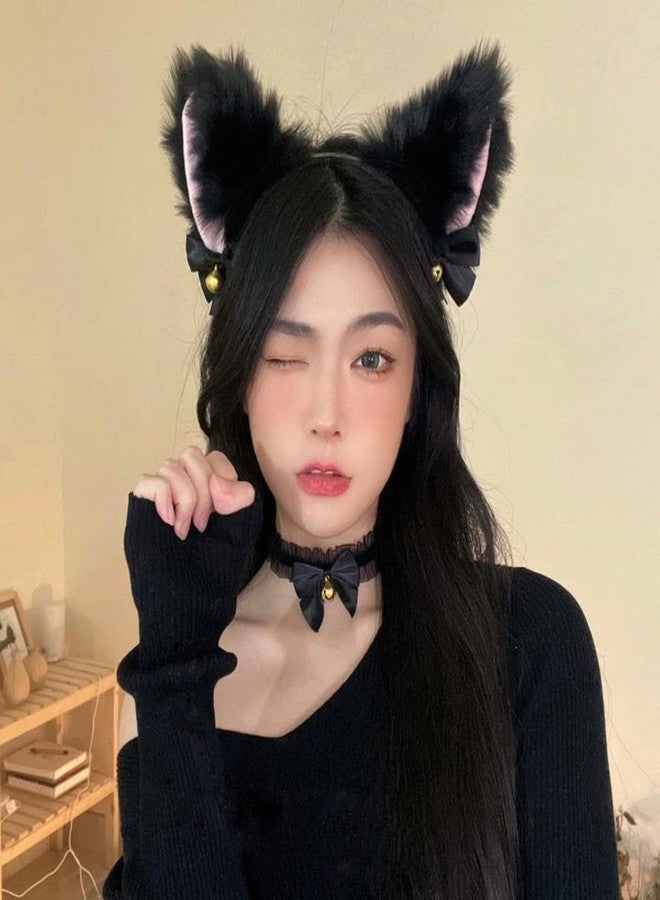 TOPPROSPER Fox Cat Ears Anime Cosplay - Animal Wolf Headwear, Halloween Headband,Headpiece Costume Accessories with Bells (Black+Necklace) - Image 5